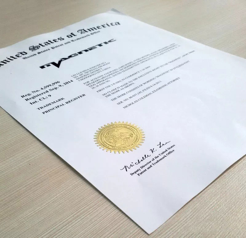 美國商標(biāo)注冊(cè)證書