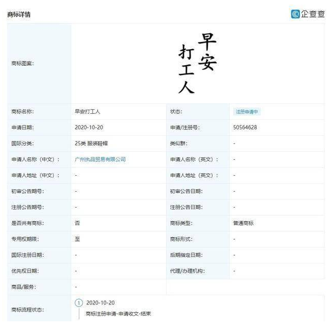 早安打工人已被注冊商標