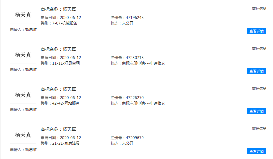 楊天真申請了本名商標注冊