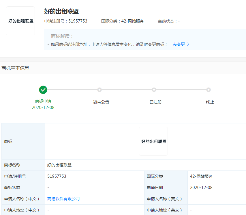 高德提交了好的出租聯(lián)盟商標(biāo)注冊(cè)申請(qǐng)
