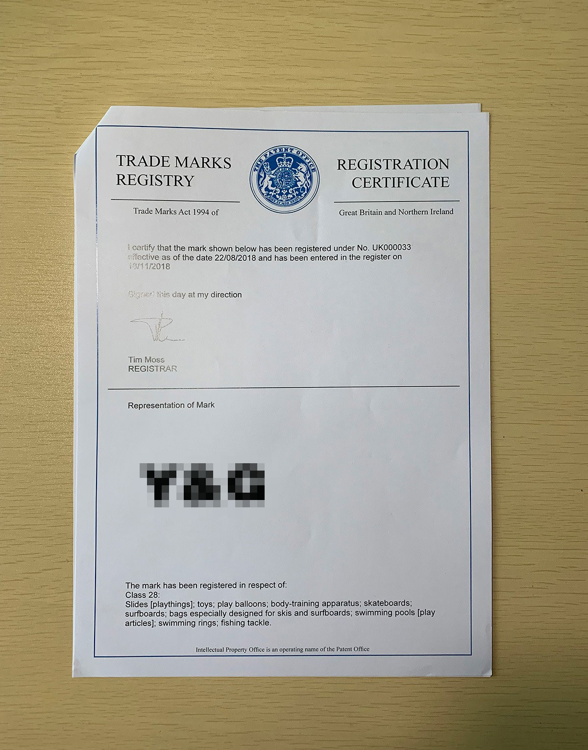 英國(guó)商標(biāo)注冊(cè)證書(shū)